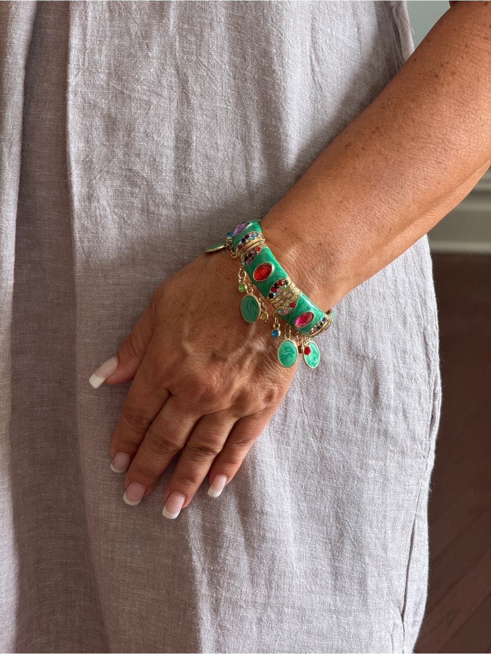 Stretch Charm Bracelet--Green Enamel w/Colored Stones